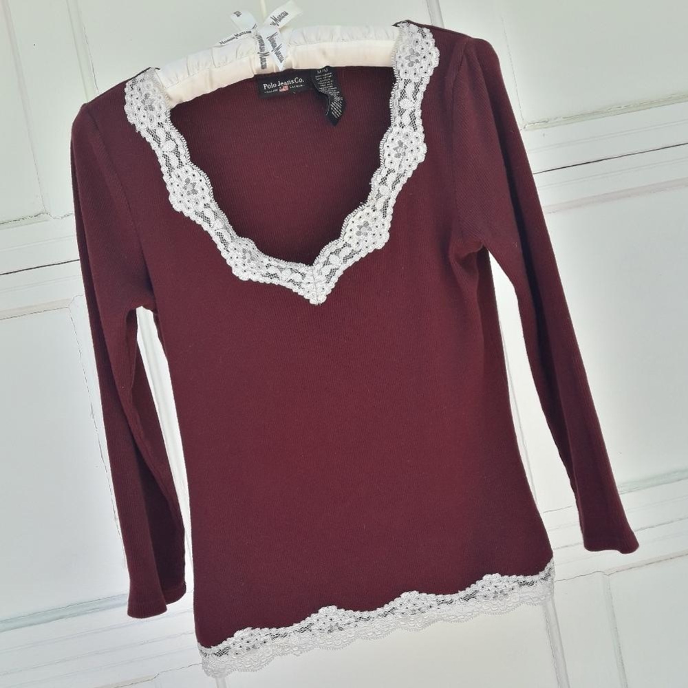 Women's Burgundy Lace Trim Top